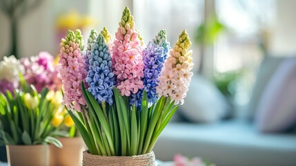 Vibrant hyacinth bouquet in various colors brightening a sunlit room