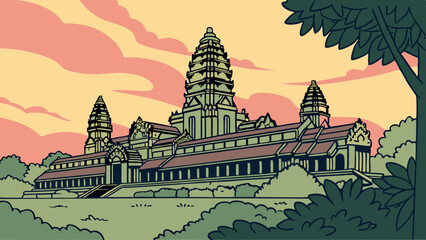 Vector of Angkor Wat with Iconic Spires Rising Above the Jungle Canopy. Perfect for: Khmer New Year, Cambodia