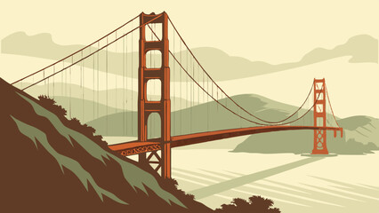 Fototapeta premium Vector of the Golden Gate Bridge with Foggy Bay Backdrop. Perfect for: Independence Day, New Year's Eve, USA