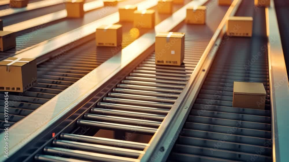 Poster packages are seen moving along automated conveyor belts in a distribution center as the sun sets, cr