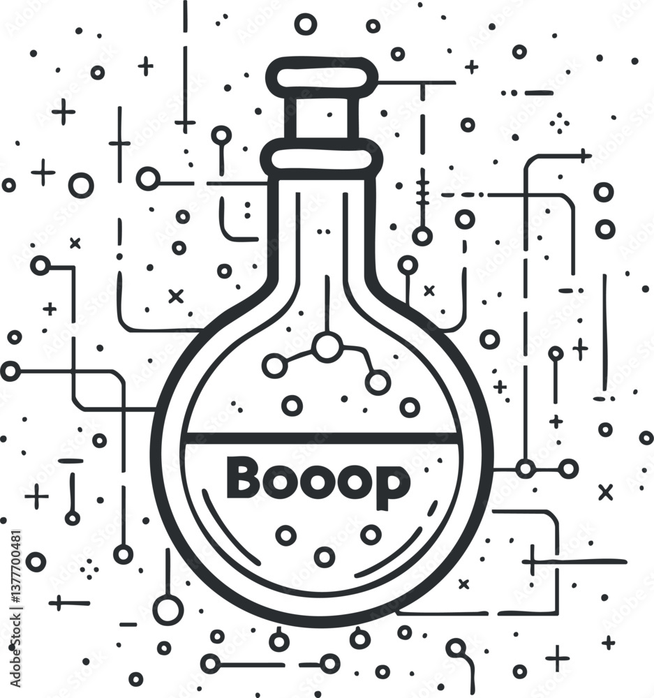 Aufkleber abstract illustration of a flask with bubbles and circuit-like connections on a white background.