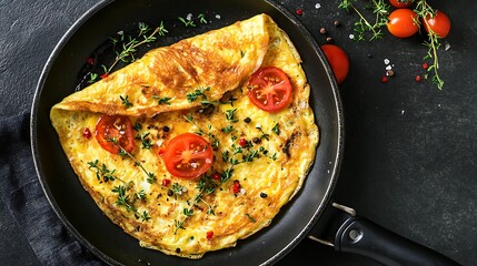 Delicious homemade omelette in a pan with tomato
