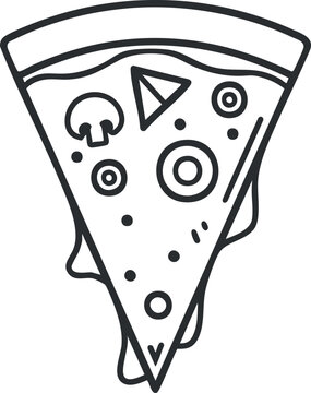 recommend clip art: Black and white line art illustration of a pizza slice with pepperoni and mushrooms.