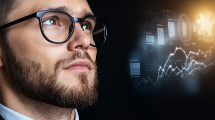 Young caucasian male analyzing data with digital graphs and futuristic interface