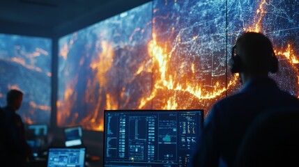 A real-time wildfire tracking map displayed on a high-tech control center screen,