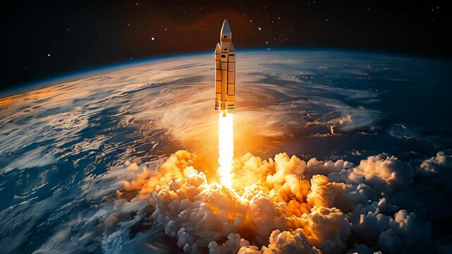 A shiny rocket takes off from the ground, igniting its engines and ascending through fluffy clouds and a backdrop of twinkling stars