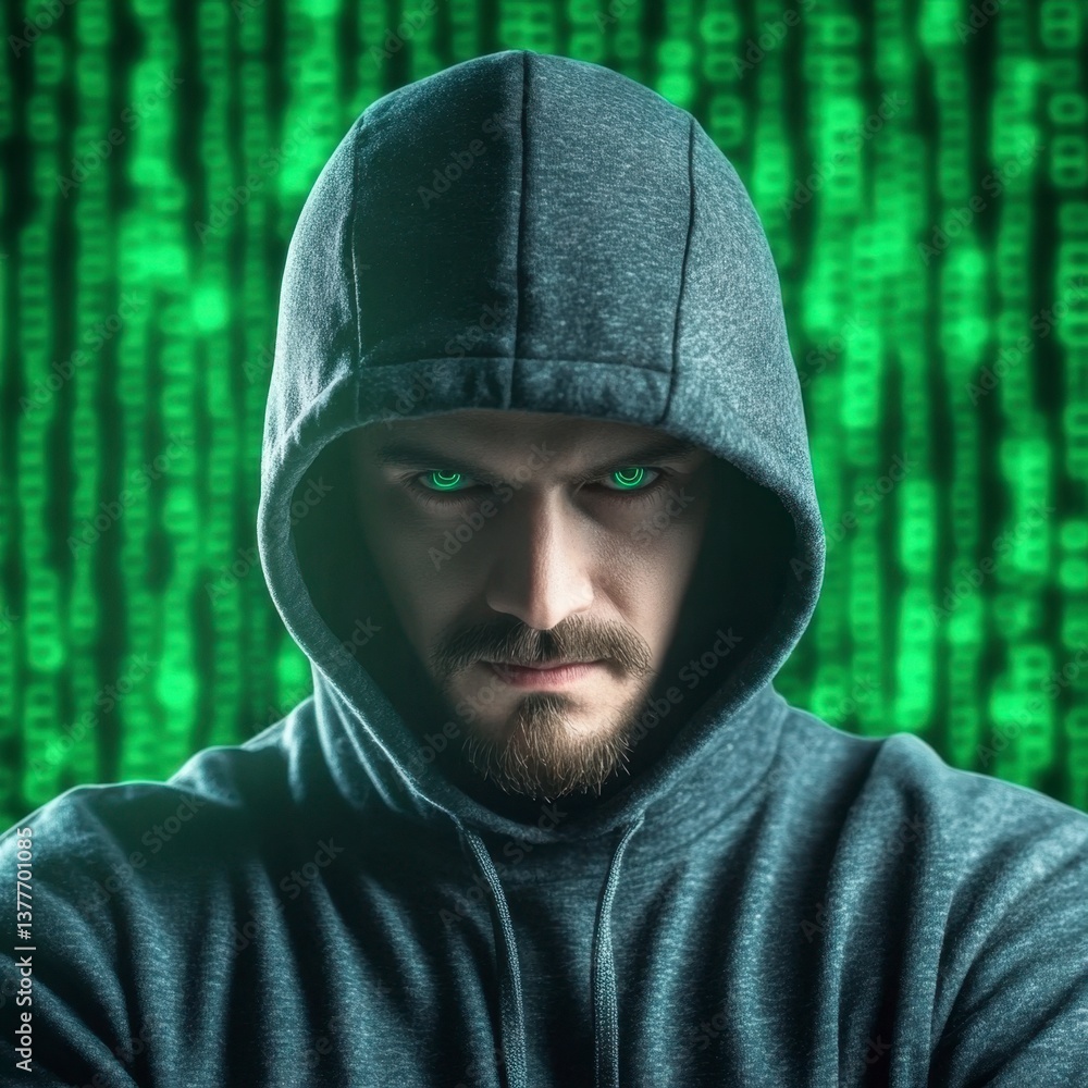 Poster close up portrait of a man with glowing green eyes, wearing a dark gray hoodie against a background 