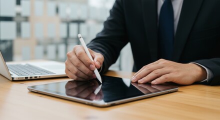 Professional using stylus on tablet with laptop in a modern office environment