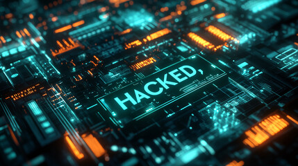 Abstract digital circuit board, glowing teal and orange, displays "HACKED" in bright white text, representing cybersecurity breach, data theft, or system vulnerability