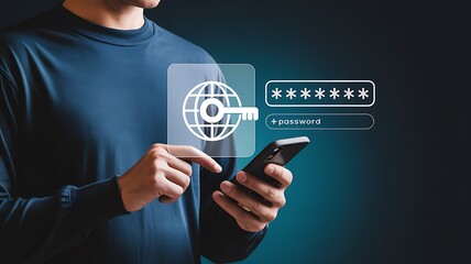 Cybersecurity and Digital Password Protection with Holographic Interface for Secure Login, Global Network Symbol, and Futuristic User Authentication in High-Tech Visualization