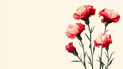Fototapeta premium Red and pink carnations, simple background, hand-drawn style, watercolor, ultra-high-definition resolution, detailed.