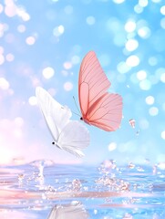 Butterflies flying over water.