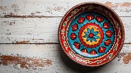 Colorful enamel plate with floral design on vintage table in minimalist setting