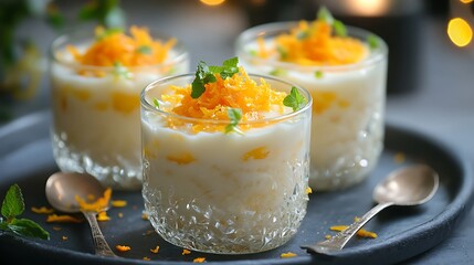 Delicious homemade rice pudding with orange peel as dessert background
