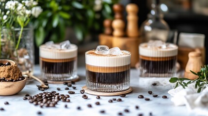 Refreshing iced coffee cocktails.  Layers of coffee and creamy topping, perfect for a summer afternoon
