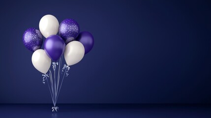 Obraz premium Purple, silver, and white balloons with ribbon on a deep purple background. Birthday party banner template design with confetti.