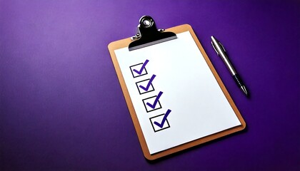 Checklist with purple pen on violet background. Task management board with checkmarks showing...