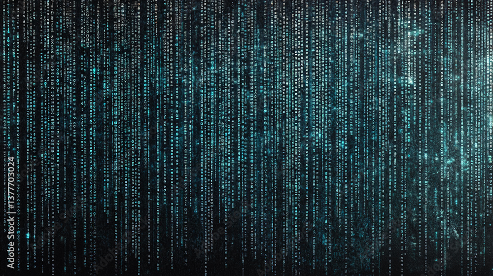 Aufkleber abstract background of teal digital code cascading down a dark surface, suggesting a technological o