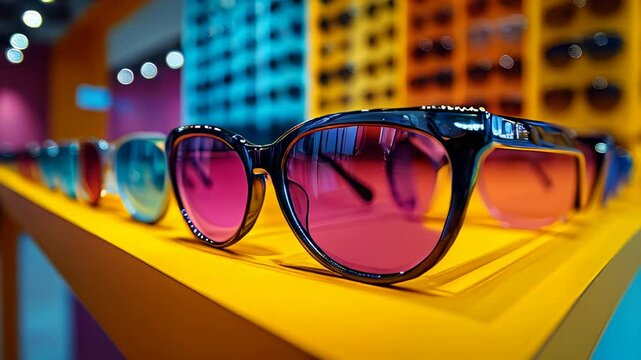 A stunning display of fashionable sunglasses showcased on glass shelves in an upscale eyewear retail store with various styles.