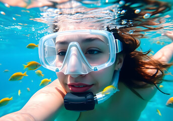 Naklejka premium Young woman snorkeling underwater surrounded by colorful fish, vibrant marine life, joyful experience