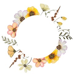 Round frame with watercolor pressed dried flowers. Isolated on white background