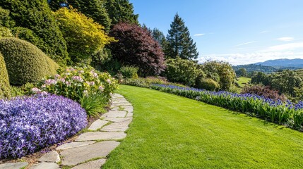 A peaceful garden with a stone path and blooming hyacinths,