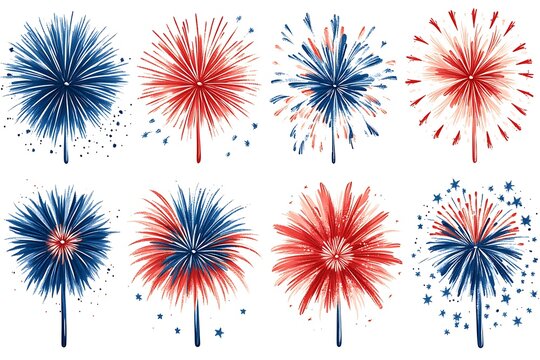 Red,White And Blue Fireworks Illustration On White Background Patriotic Design