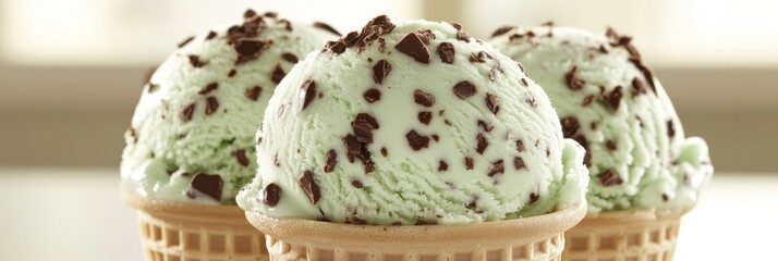 Fototapeta premium Refreshing Mint Chocolate Chip Ice Cream Scoops in Waffle Cones on Soft White Background