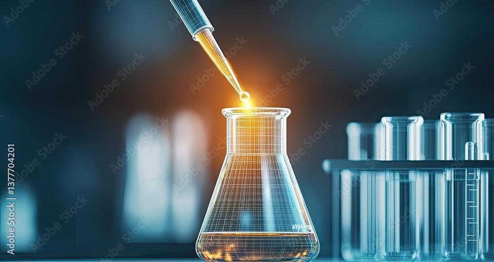 Poster biotechnology polygonal wireframe with dropper test tube concept. close-up of a dropper adding liqui