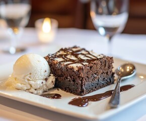 Decadent brownie square with vanilla ice cream.  A rich brownie topped with white chocolate drizzle, accompanied by a scoop of vanilla ice cream on a white plate