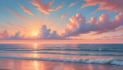 Obraz premium A breathtaking view of a sunset over the ocean, captured with a blend of realism and dreamy aesthetics
