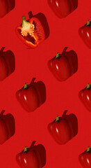 Creative seamless pattern with whole and halved red bell peppers on a vivid red background. Modern food layout with strong contrast and shadows, ideal for packaging, textile, and graphic design use. 