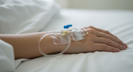 Close-up of pale hand with IV drip resting on white sheets, conveying vulnerability