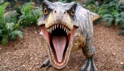 Fierce Dinosaur Statue with Open Jaws in a Prehistoric Jungle Setting, Paleontological Exhibit