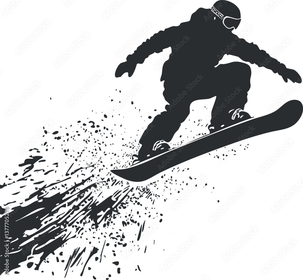 Poster silhouette of a snowboarder performing a jump with snow spray, capturing dynamic winter action.
