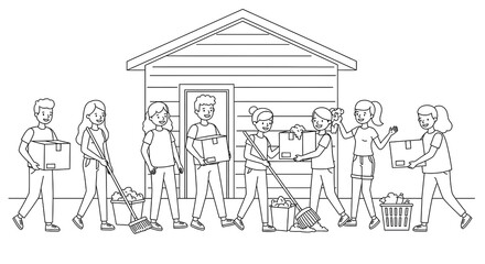 Obraz premium Volunteers Cleaning and Organizing a House Exterior Teamwork Community Service