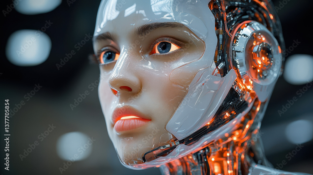 Poster futuristic ai robot android portrait with human features and technological details