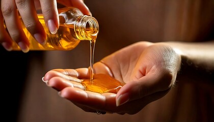 Close-up shot of African American woman pouring hair oil into manicured palm. Honey drops case. Haircare treatment routine, skincare. Natural clean elegant luxury relaxation, feminine concept.