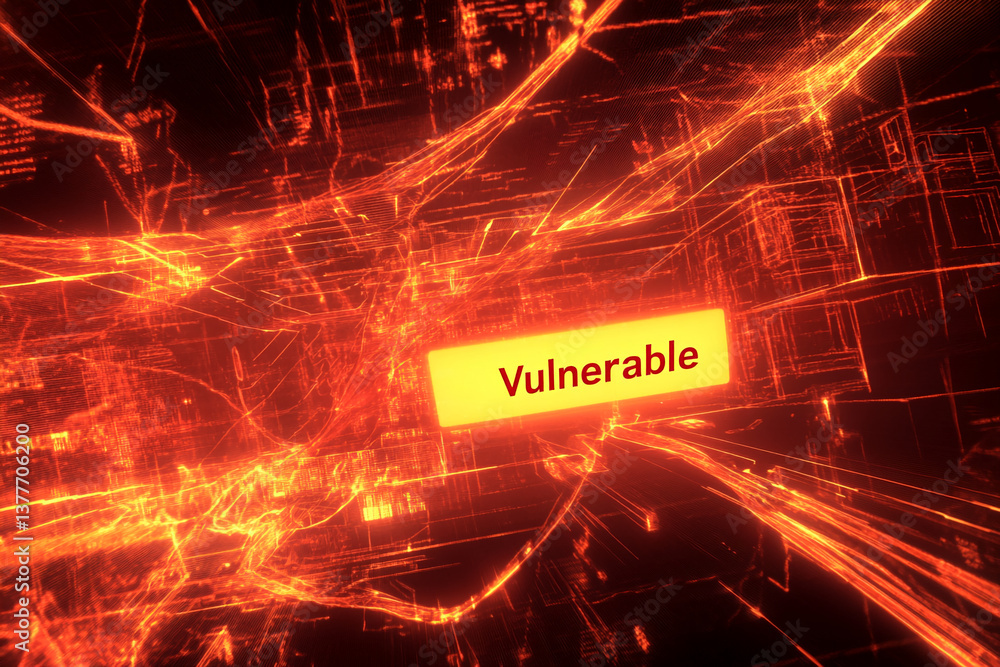 Poster abstract orange digital artwork, glowing lines forming a network, with a yellow banner displaying 