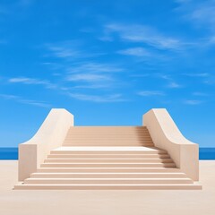 A minimalist beige staircase descends to a tranquil ocean under a vibrant blue sky, embodying serenity and simple elegance in a jida89 inspired design aesthetic.