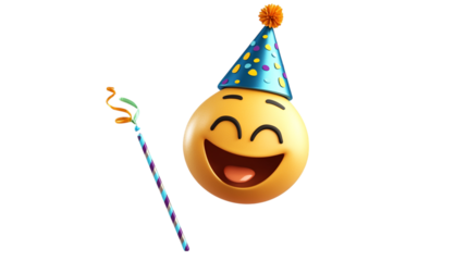 A happy emoji face with a birthday hat and a party blower on a transparent background 