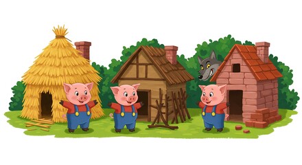 Three Little Pigs Fairytale Illustration featuring adorable pigs houses and a sneaky wolf on a transparent background