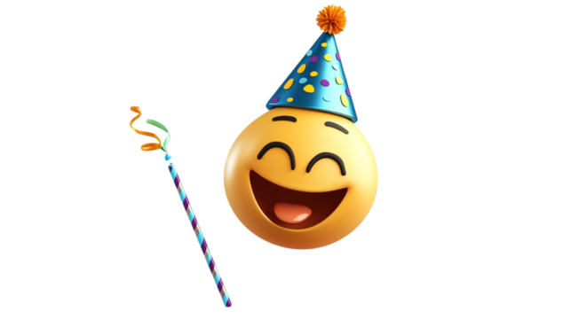 A happy emoji face with a birthday hat and a party blower on a transparent background 
