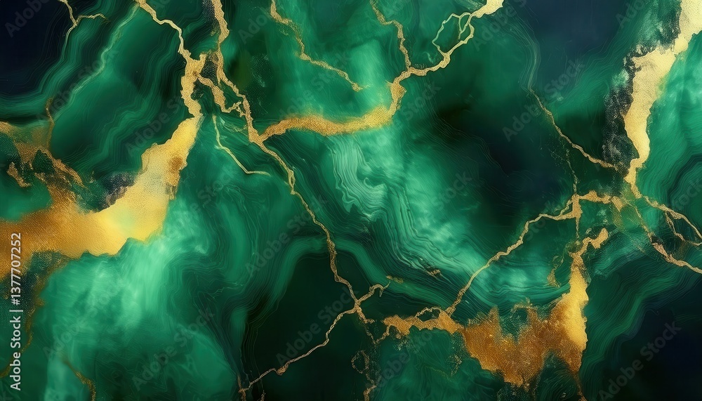 Poster luxury emerald green and gold marble texture with abstract fluid veins, elegant gemstone pattern for