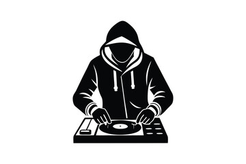 Silhouette art design of a DJ mixing music and wearing a hoodie.eps