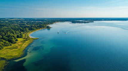 Fototapeta premium Aerial view of a scenic coastline with lush greenery and boats on the tranquil blue water body