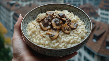 Mushroom truffle risotto with Zurich rooftops in soft spring light