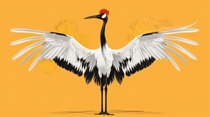 A poised and lively crane stands, with its wings spread wide to the side, presented in an illustration style against a yellow background © Екатерина Канунников