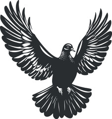 Obraz premium Silhouette of a dove in flight with outstretched wings, symbolizing peace and freedom.