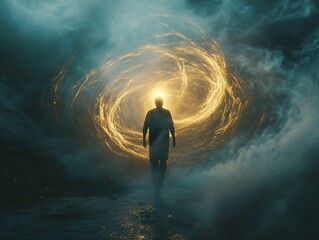 Ethereal light rising from a human figure in a mystical landscape surreal photography atmospheric viewpoint